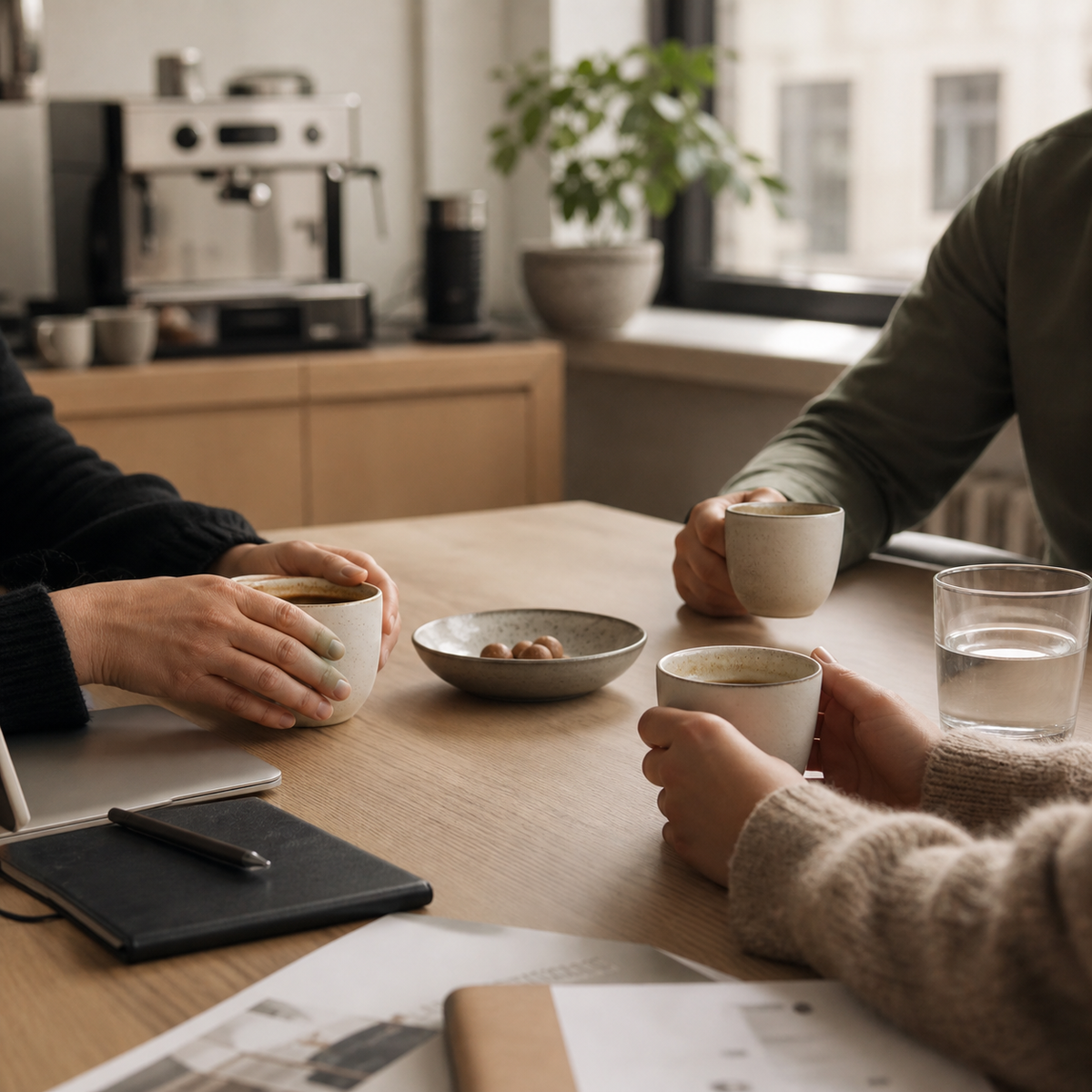 Colleagues sharing coffee in a modern office