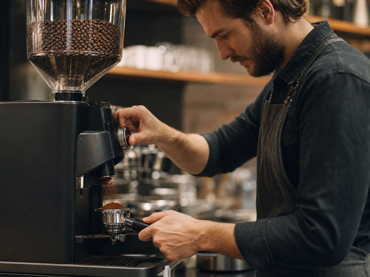 Barista adjusting a grinder for espresso preparation