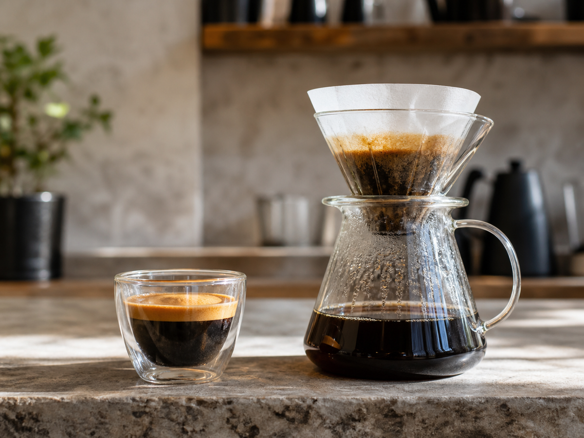 Pour-over filter coffee served beside a glass carafe
