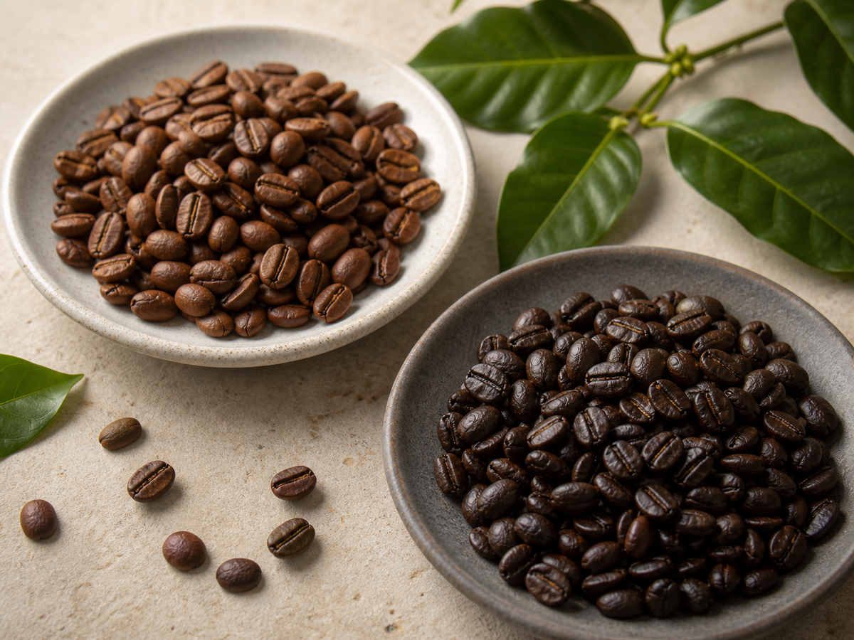 Two coffee roast profiles displayed with fresh coffee plant leaves