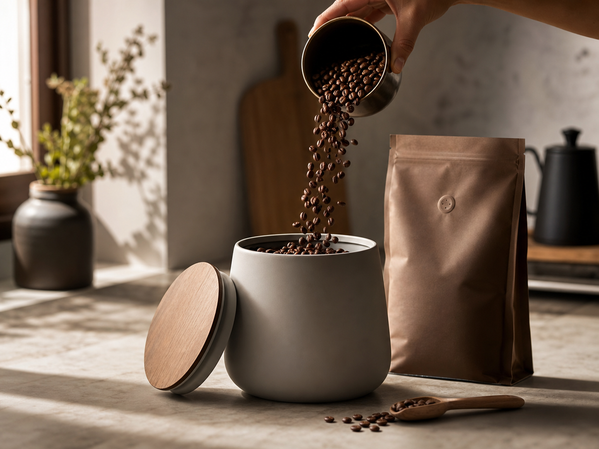 Coffee beans being poured into an airtight storage container